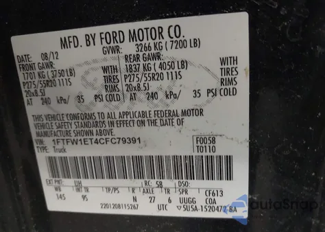 2012 Ford F-150 Platinum из США, поврежденный, VIN 1FTFW1ET4CFC79391